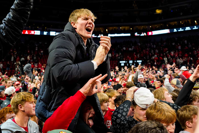 Nebraska fans celebrate after the Huskers' upset win Tuesday night over No. 1 Purdue at Pinnacle Bank Arena in Lincoln. (Jan 9, 2024)